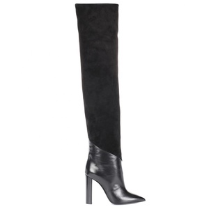 Botas Altas de Mujer Talla Grande 46, de Cuero y Gamuza con Parches, Tacón Cuadrado, Punta Puntiaguda, Botines Largos - Product Image 3