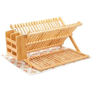 Escurridor de platos de madera de doble capa, plegable, de bambú, para almacenamiento de platos y tazones en la cocina. - Product Image 1