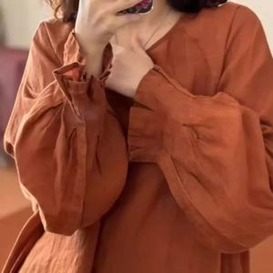 Nuova camicetta di <span class=keywords><strong>lino</strong></span> 100% con maniche a lanterna <span class=keywords><strong>arancione</strong></span> da <span class=keywords><strong>donna</strong></span> in puro stile francese Cool look di fascia alta estetica Top Pullover largo - Product Image 4