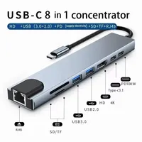 Hub USB 3.0 C 8-en-1 avec 4K pour lecteur de carte RJ45 SD/TF, adaptateur Type C à charge rapide PD