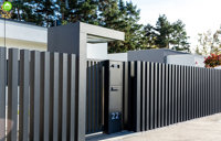 Modern minimalistisch aluminium tuinhek met poedercoating, verticaal lamellenontwerp, rotbestendig, waterdicht, 3D-modellering