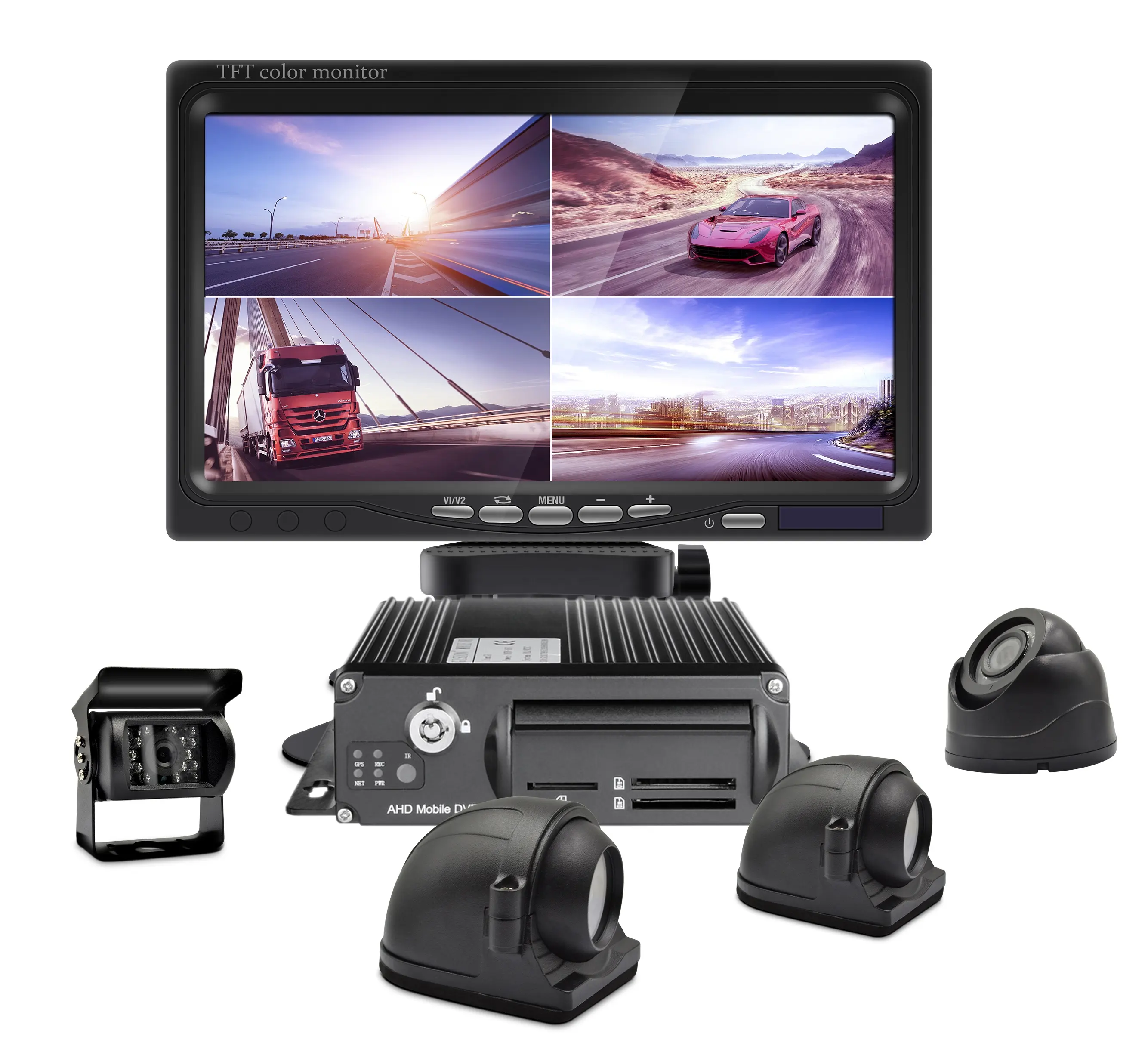 Cartão sd 4ch 1080p, dvr, gravador de carro, playback com 4 peças 2.0mp ahd câmera de visão frontal/traseira 7 polegadas, monitor para caminhão, kit mdvr