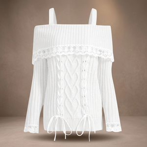 Women's Long Sleeve Cold Shoulder Lace Knit Sweater Tops with Bow Front and White Tie Detail - Product Image 2