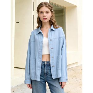 FOXA <b>Womens</b> Denim <b>Shirt</b> Jacket Lightweight <b>Chambray</b> Long Sleeve Button Down Casual Lapel Collar With Pockets - Product Image 2