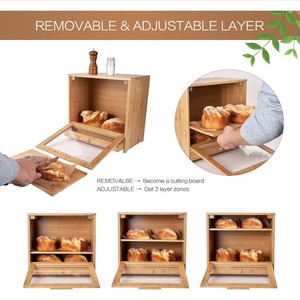 Boîte à pain en bambou à double couche, couleur naturelle, 2 niveaux, grande capacité, armoire de rangement alimentaire pour la cuisine - Product Image 4