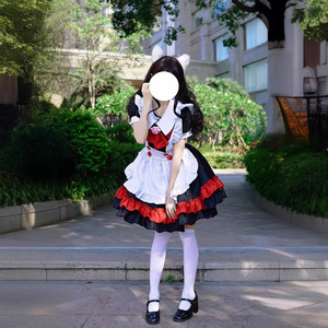 Vestido de sirvienta gótico oscuro estilo Lolita con delantal rojo y diadema de pata de gatito, disfraz para mujer - Product Image 4