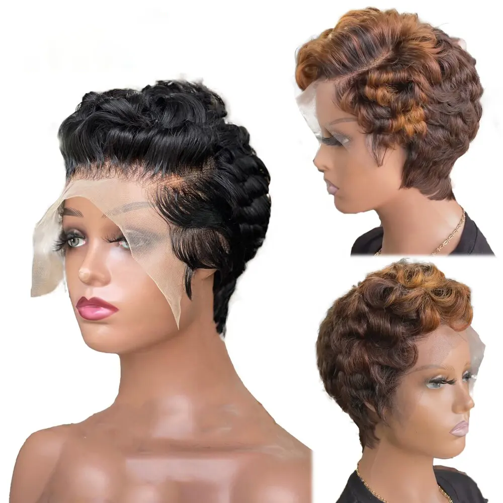 13x4 Lace Front Virgin Brasileiro Perucas de Cabelo Humano Para Mulheres Negras Perruque Pixie Cut Curly Bob Perucas