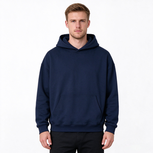 <b>Men's</b> <b>Navy</b> Blue Hooded Sweatshirt Regular Fit Cotton <b>Fleece</b> Casual Autumn Wear Pocket Design Knitted Hoodie - Product Image 1