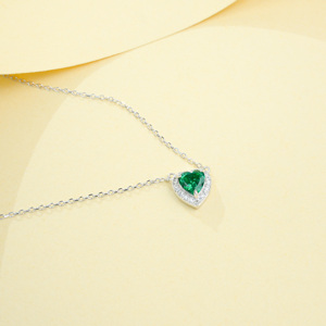 925 Sterling Silver Heart Cut Lab Created <b>Emerald</b> <b>Pendant</b> Necklace, Halo with Diamond Accents Fine Jewelry for Women - Product Image 4