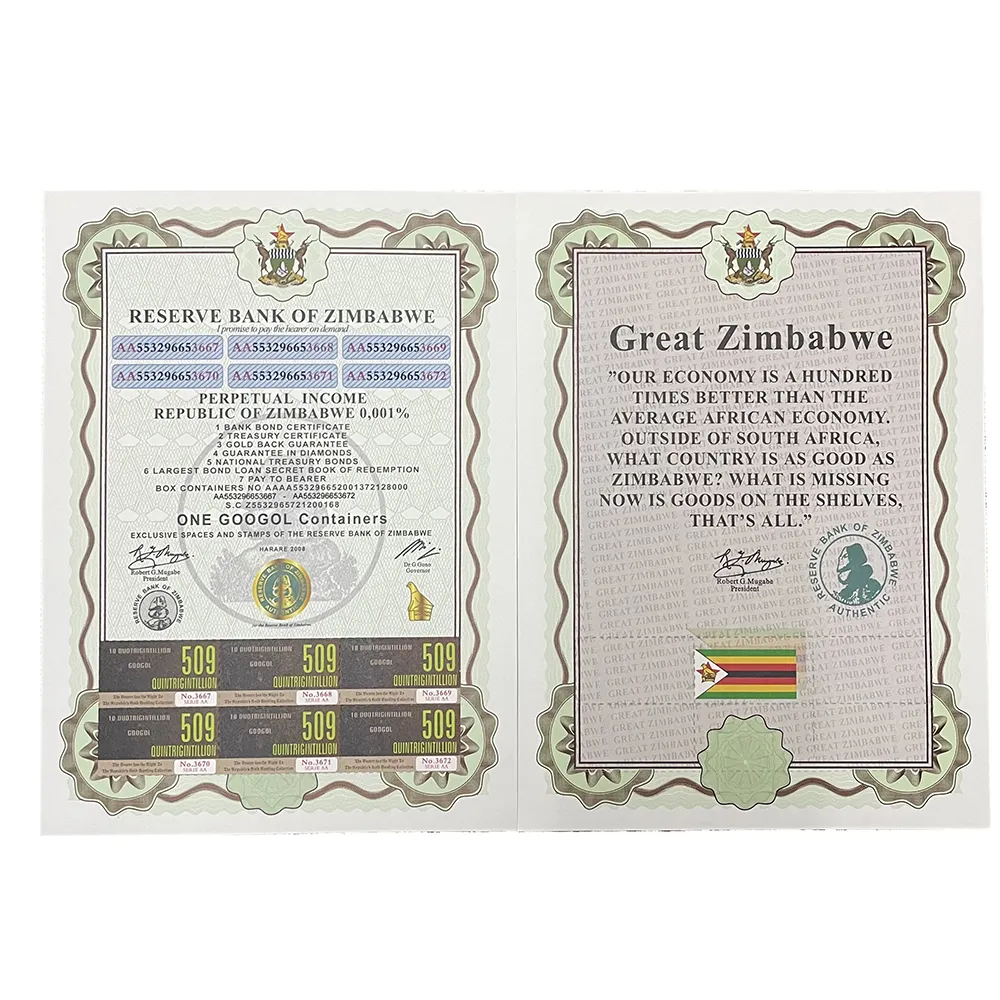 Rollos de Quintrigintillion, contenedores de un GOOGOL, certificados de papel, dinero de la República de Zimbabue, 509, Envío Gratis