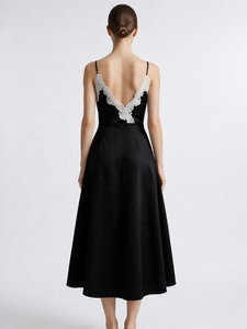 <span class=keywords><strong>Abito</strong></span> Slip in Seta Nera per <span class=keywords><strong>Donna</strong></span>, Design Originale, Elegante Vestito Midi con Inserti in Pizzo Bianco, Abiti da Sera di Lusso per Signore OEM - Product Image 2