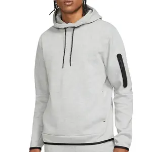 Wholesale OEM Men Heavyweight Sweatshirt Tech Fleece Pullover Hoodie Street Wear Blank Hoodies Windproof Pocket On Sleeves