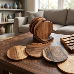 Handcrafted Wooden Standing Coasters With Stand <b>Set</b> Of <b>4</b> <b>For</b> Coffee Tea <b>Dining</b> <b>Table</b> Accessories Natural Cork Backing Hot Pad - Product Image 1