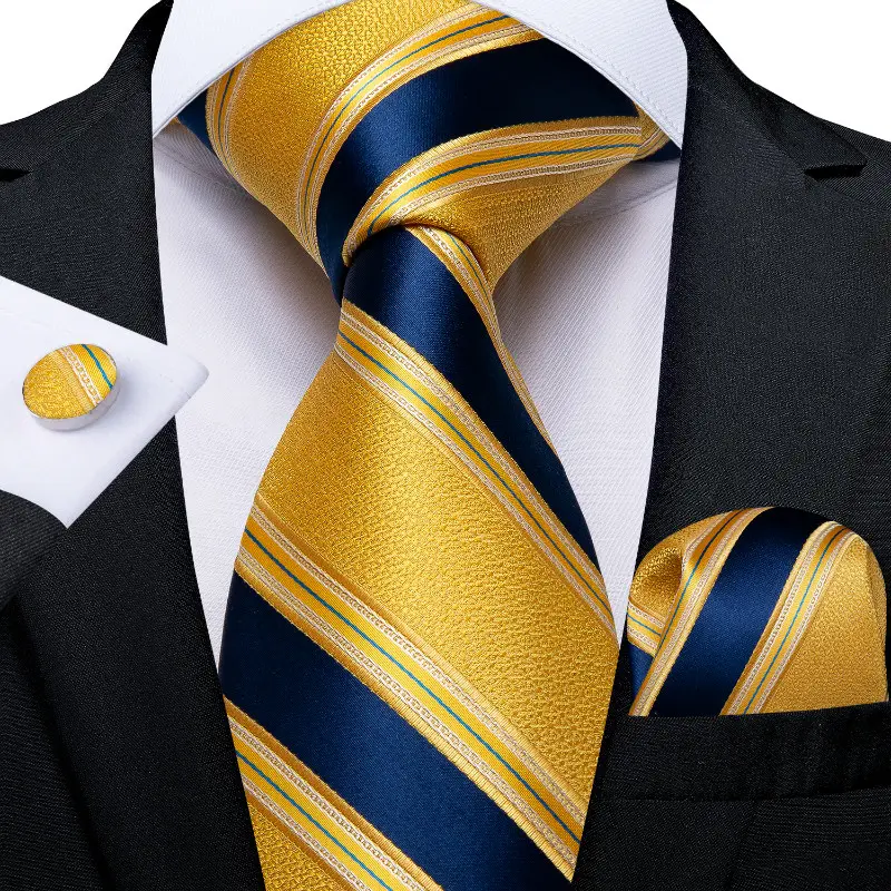 Wholesale High Quality Gold Blue 8.5cm Width Striped 100% Silk Neck Ties For Men