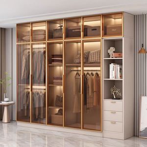 Armoire de luxe sur mesure avec portes vitrées et éclairage LED, système de rangement moderne haut de gamme pour chambres à coucher, idéal pour les projets de villas et d'appartements - Product Image 2