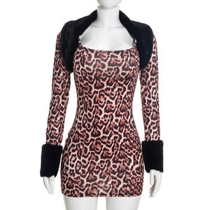 Viviblook Q26ST215 Women New Leopard Print Patchwork <b>Fur</b> Long Sleeved <b>Shawl</b> Crop Top Slim Fit Dress Two Piece Set - Product Image 1