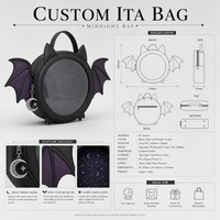 Sac à dos personnalisé en forme de chauve-souris Midnight Bat, noir mat avec accents violets, oreilles et ailes de chauve-souris, grande fenêtre transparente ronde, style Kawaii