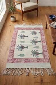 Palm Tree <b>Block</b> Print Cotton Rug 4x6 Handmade Carpet with Tassels Boho Floor Mat Living Room Decor - Product Image 2