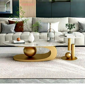 Set di Tavolini da Caffè Moderni e Lussuosi in Marmo Ovale Dorato, Design Elegante, Arredamento Centrale per Soggiorno - Product Image 4