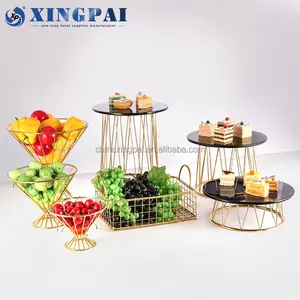 XINGPAI 5 Star Hotel Glass Plates Gold Wedding Used Cake Stand Buffet Luxury Dessert Buffet Display Racks
