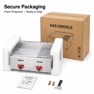 Gril à gaz GPL commercial GH-722, 730 mm, surface plate et striée en acier inoxydable, avec deux boutons de commande et tiroir à huile - Product Image 6