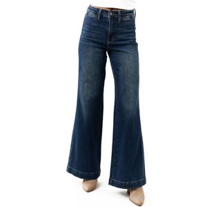 Jean en denim taille haute pour femme, coupe décontractée, jambe large, bleu foncé délavé, extensible, style évasé – Meilleure vente - Product Image 1
