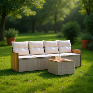 Conjunto de Sofá de Jardín Beige, Ratán y Madera de Teca, 4 Plazas, Muebles de Exterior, Diseño Contemporáneo, Resistente a la Intemperie - Product Image 2