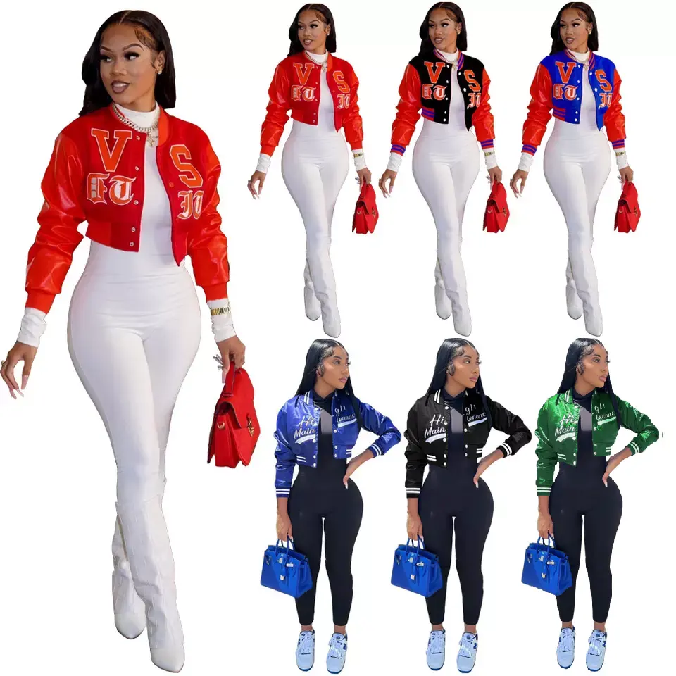 Womens Streetwear Fashion 2022 Fall Jackets For Women Leather Long Sleeve Cropped Jacket Coats Women Embroidery Baseball Jacket