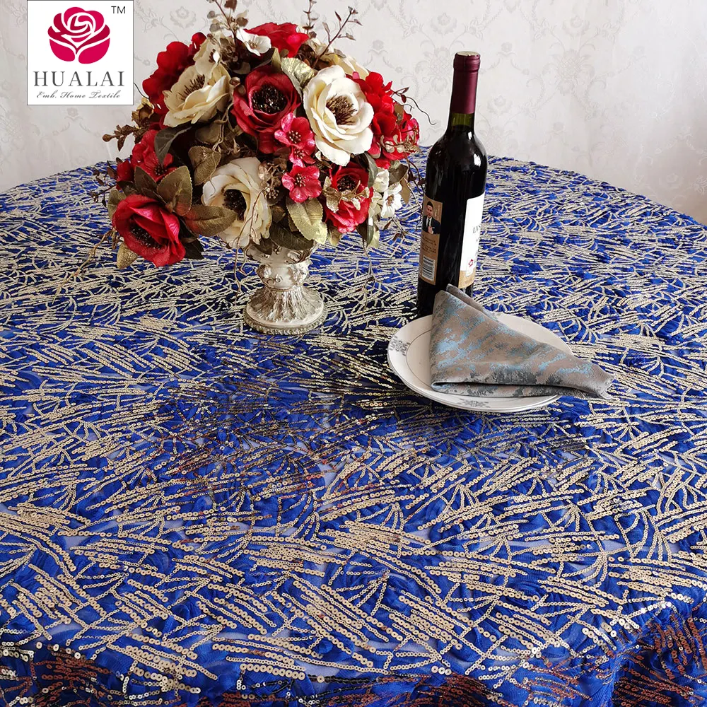 Toalhas de mesa luxuosas para recepções, fita de crochê, bordada, azul royal e dourado para festa