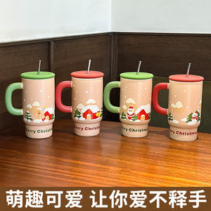 Christmas Ceramic Mug With Lid And Straw Cute Cartoon Design Merry Christmas Gift For Women Large Capacity Cup Winter 2024 - Product Image 4