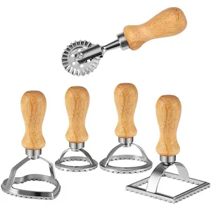 Houten Handvat Pasta Bakken Tools Dumplings Ravioli Postzegels Schimmel Met Stalen Ravioli Maker Cutter Set