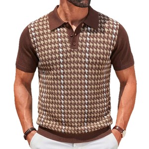 Maglia a maniche corte da uomo in viscosa jacquard fantasia pied-de-poule retrò, effetto seta ghiaccio rinfrescante, taglia standard europea e americana - Product Image 1