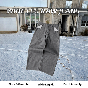 กางเกงยีนส์ทรงหลวมขากว้างผ้าเดนิมดิบขอบดิบ ผ้าฝ้ายหนานุ่ม ระบายอากาศได้ดี เป็นมิตรกับสิ่งแวดล้อม สไตล์วินเทจสำหรับผู้ชายช่วงฤดูใบไม้ร่วง ติดกระดุมแบบโชว์ - Product Image 2