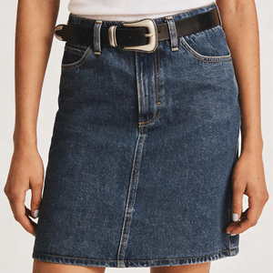 Minifalda vaquera azul oscuro de cintura alta, estilo vintage, lavada, ajustada, informal. - Product Image 1