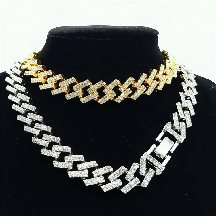 2021 Top Sale Cuban Link Chain Necklace Jewelry Rhinestone Alloy Gold Cuban Link Chain Necklace