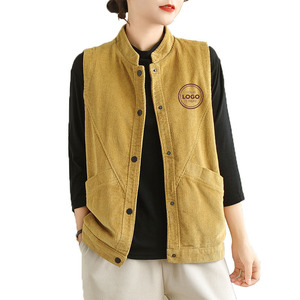 Custom Logo Women's <strong>Mustard</strong> Yellow Corduroy Stand Collar Sleeveless Vest Button Down <strong>Waistcoat</strong> Casual Vest - Product Image 1