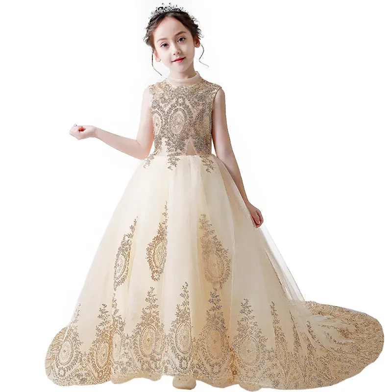 Yüksek kaliteli lüks güzel çalışma prenses elbise dantel örgü dantel çocuk giysileri kız elbise