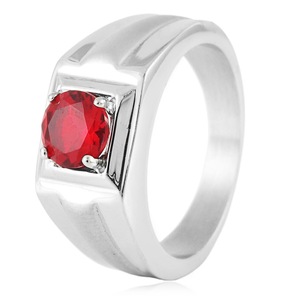 yunnique <b>Titanium</b> Steel <b>Ring</b> With Red Gemstone Prong Setting Geometric Design Unisex Wedding Jewelry Gift - Product Image 1