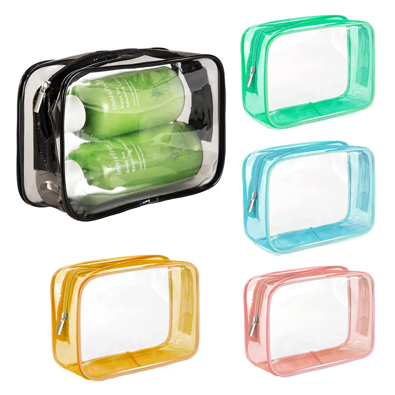 여자 작은 메이크업 파우치 투명 캔디 컬러 Pvc 방수 여행 세면도구 가방 지퍼 플라스틱 투명 컬러 화장품 가방