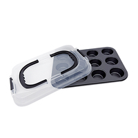 Moule à muffins/cupcakes en acier au carbone à 12 cavités avec revêtement antiadhésif et couvercle en plastique, compatible lave-vaisselle et four
