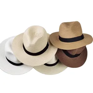 Cappelli Fedora di paglia da spiaggia a tesa larga estivi economici cappello di paglia con fascia personalizzata per uomo donna
