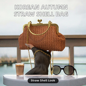 Nouveau sac coquille tendance en paille tressée à la main, style coréen, avec fermeture éclair et bandoulière, idéal pour les jeunes, disponible en version usine personnalisable. - Product Image 2