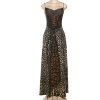 Novedades 2025 Vestido Maxi Largo Ajustado Sin Mangas con Estampado de Leopardo Espalda Descubierta Drapeada y Lazo