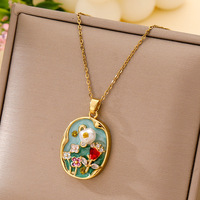Collier en émail pour femme, chaîne en acier inoxydable, pendentif en cuivre, style floral français Monet, sportif, tendance, polyvalent