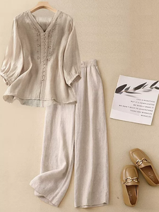 Nuovo Set di cotone 2025 estivo da <span class=keywords><strong>donna</strong></span> in <span class=keywords><strong>lino</strong></span> in pizzo camicetta <span class=keywords><strong>pantaloni</strong></span> larghi stile cinese con scollo a V <span class=keywords><strong>pantaloni</strong></span> dritti Casual - Product Image 2