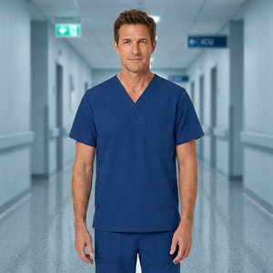 Men's Blue V-Neck <b>Scrub</b> <b>Top</b> Woven Spandex Hospital Uniforms Medical Use Needle Detection Seamless Fusing Custom Embroidered - Product Image 2