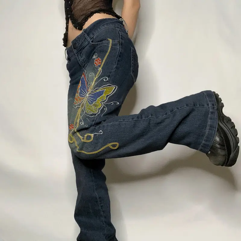 Jeans Femme Rétro Streetwear Jean À Fermeture À Glissière avec Papillon Broderie Indie L'esthétique Pleine Longueur Denim Pantalon 90s Tenue 2049