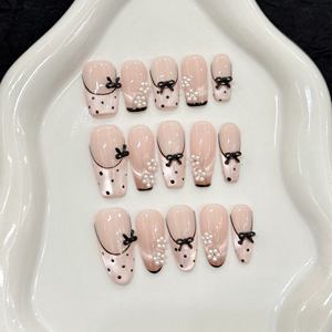 Diseño #320 #414 #420 <span class=keywords><strong>Prensa</strong></span> francesa de lujo en las uñas Polka Dot Nail Art 3D Bowknot Pearl Flower Pink Cat Eye Uñas postizas artificiales - Product Image 1