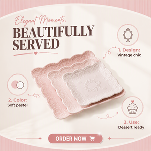 Plato Cuadrado de Porcelana con Relieve de Encaje y Perlas, Color Rosa Pálido, Borde Ondulado, Resistente, <span class=keywords><strong>para</strong></span> Pastel, Ensalada, Postre - Product Image 2