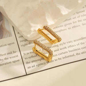 Gold Plated Square Hoop Earrings With Diamonds For Women Everyday Wear Geometric Design 18K Finish Stainless Steel Ear <b>Posts</b> - Product Image 3